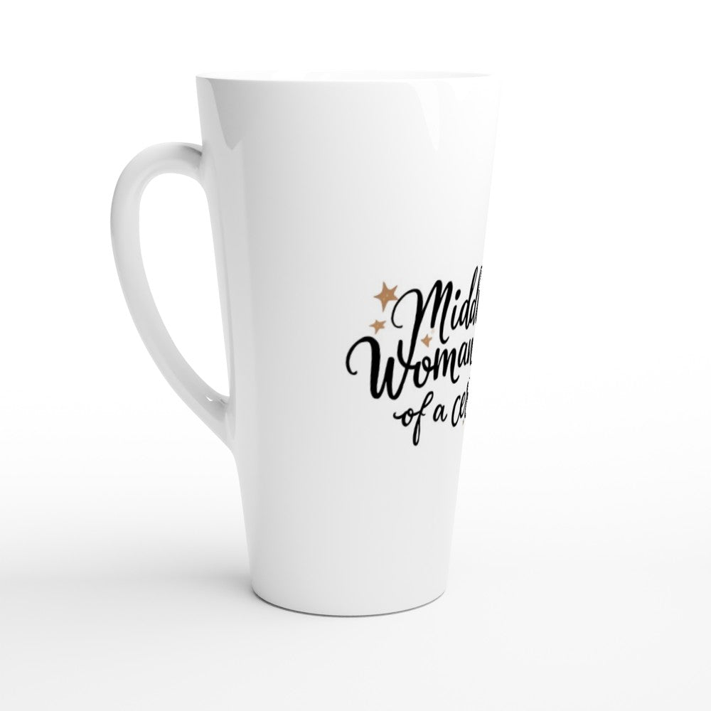 A stylish 17oz white ceramic latte mug with the text ‘middle class woman of a certain age,’ perfect for sipping coffee with a touch of personality.
