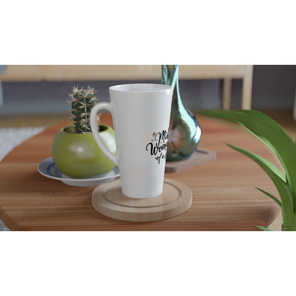 A stylish 17oz white ceramic latte mug with the text ‘middle class woman of a certain age,’ perfect for sipping coffee with a touch of personality.
