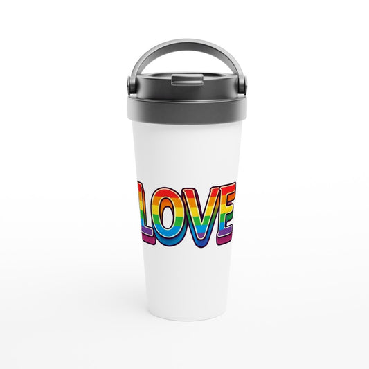 A stylish 15oz stainless steel travel mug featuring the word ‘love’ displayed in vibrant rainbow colours. White with a black lid and handle. Maintains the temperature of either hot or cold drinks.