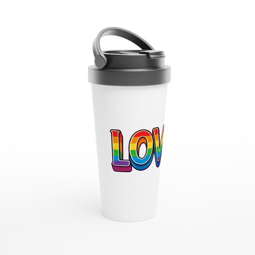 A stylish 15oz stainless steel travel mug featuring the word ‘love’ displayed in vibrant rainbow colours. White with a black lid and handle. Maintains the temperature of either hot or cold drinks.