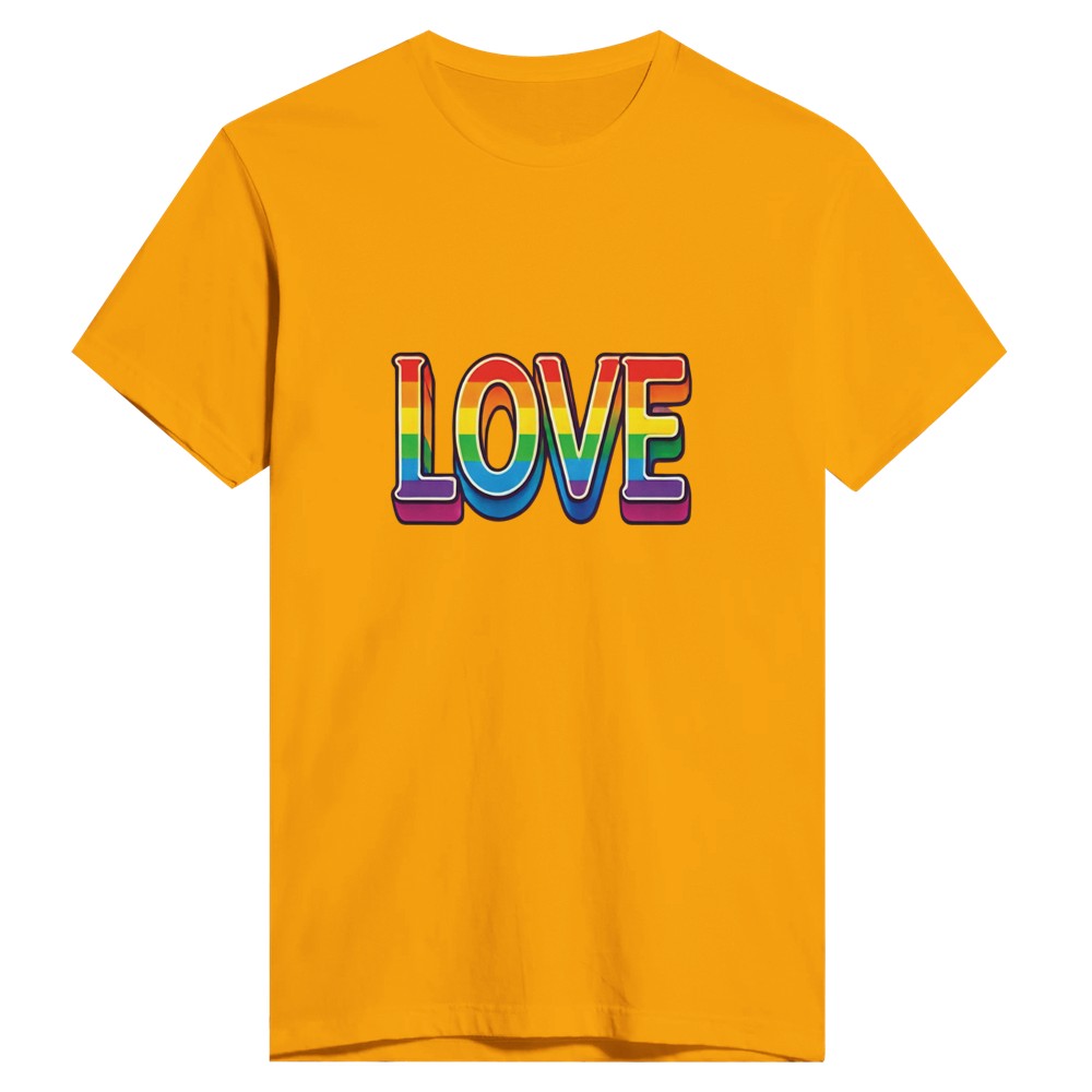 A stylish fitted t-shirt featuring the word ‘love’ displayed in vibrant rainbow letters. Available in a range of colours - this one is a deep, golden yellow.