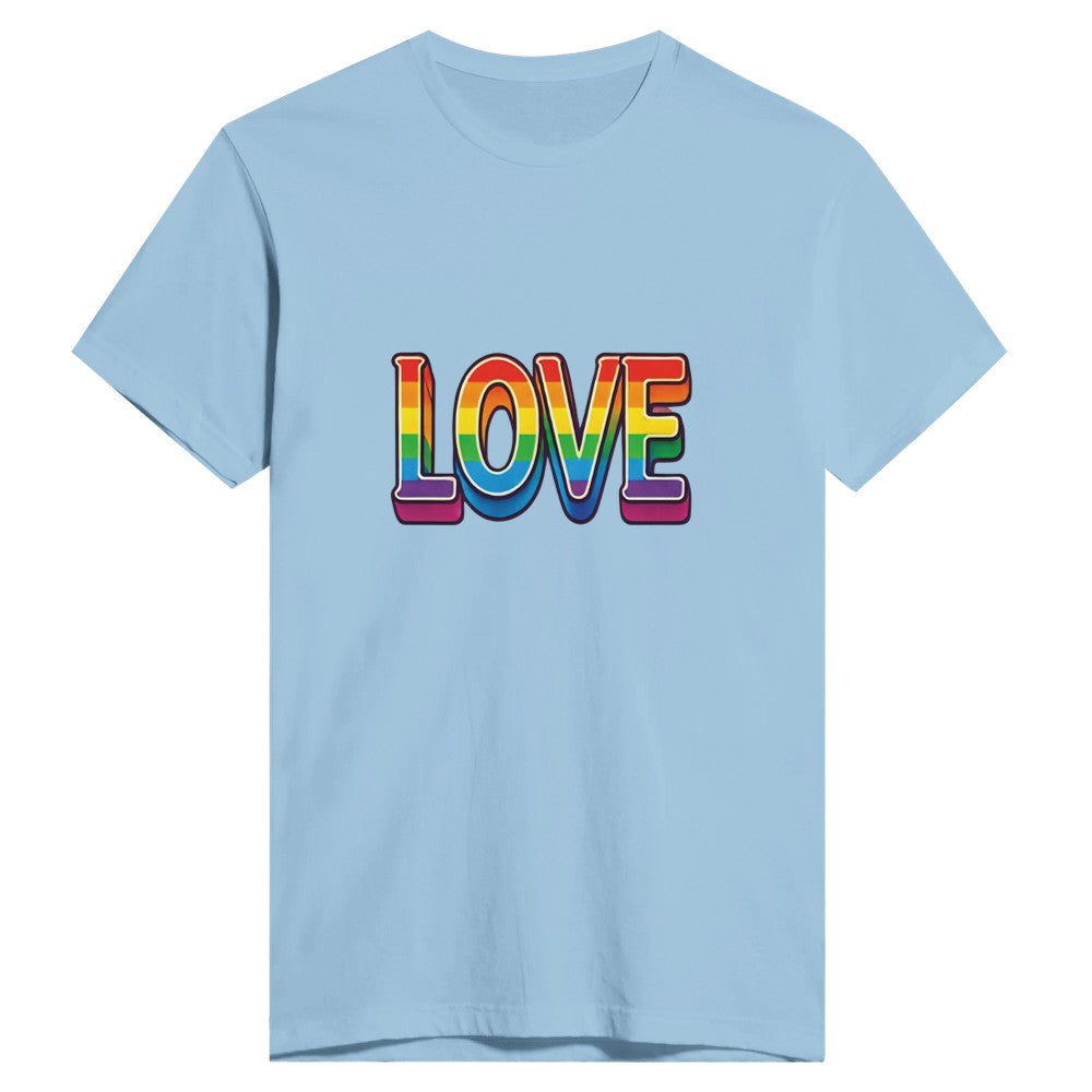 A stylish fitted t-shirt featuring the word ‘love’ displayed in vibrant rainbow letters. Available in a range of colours.