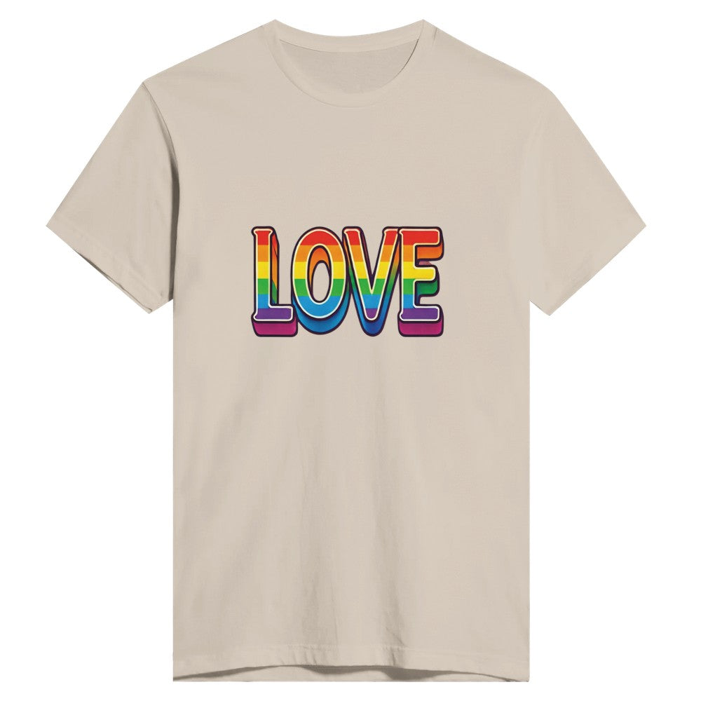 A stylish fitted t-shirt featuring the word ‘love’ displayed in vibrant rainbow letters. Available in a range of colours.