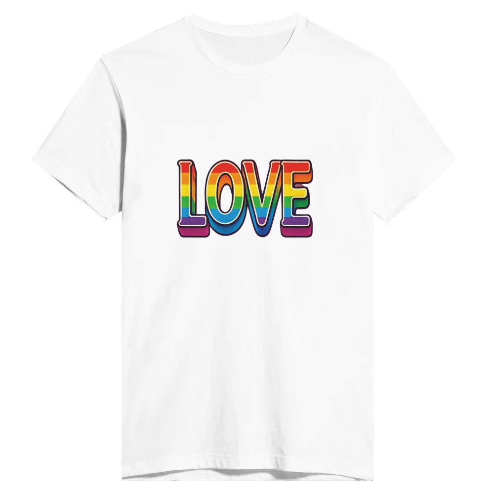 A stylish fitted t-shirt featuring the word ‘love’ displayed in vibrant rainbow letters. Available in a range of colours.