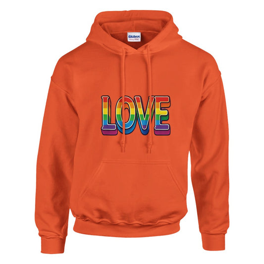 Hoodie adorned with the word ‘love’ in cheerful rainbow colours. Available in a range of colours.