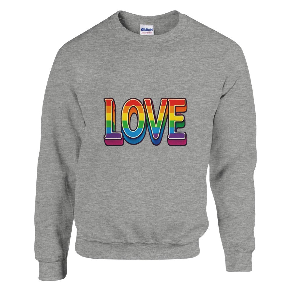 A stylish sweatshirt featuring the word ‘love’ displayed in vibrant rainbow letters. Available in a range of colours.