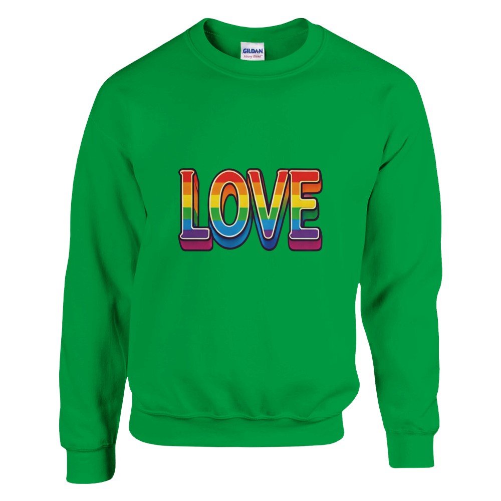 A stylish sweatshirt featuring the word ‘love’ displayed in vibrant rainbow letters. Available in a range of colours.