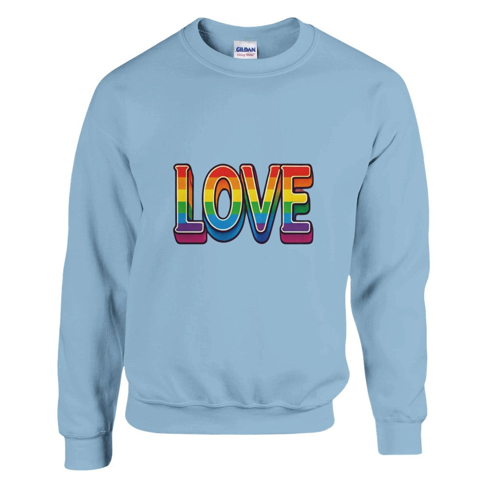 A stylish sweatshirt featuring the word ‘love’ displayed in vibrant rainbow letters. Available in a range of colours.