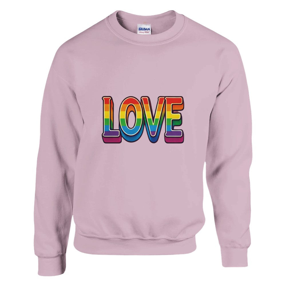 A stylish sweatshirt featuring the word ‘love’ displayed in vibrant rainbow letters. Available in a range of colours.
