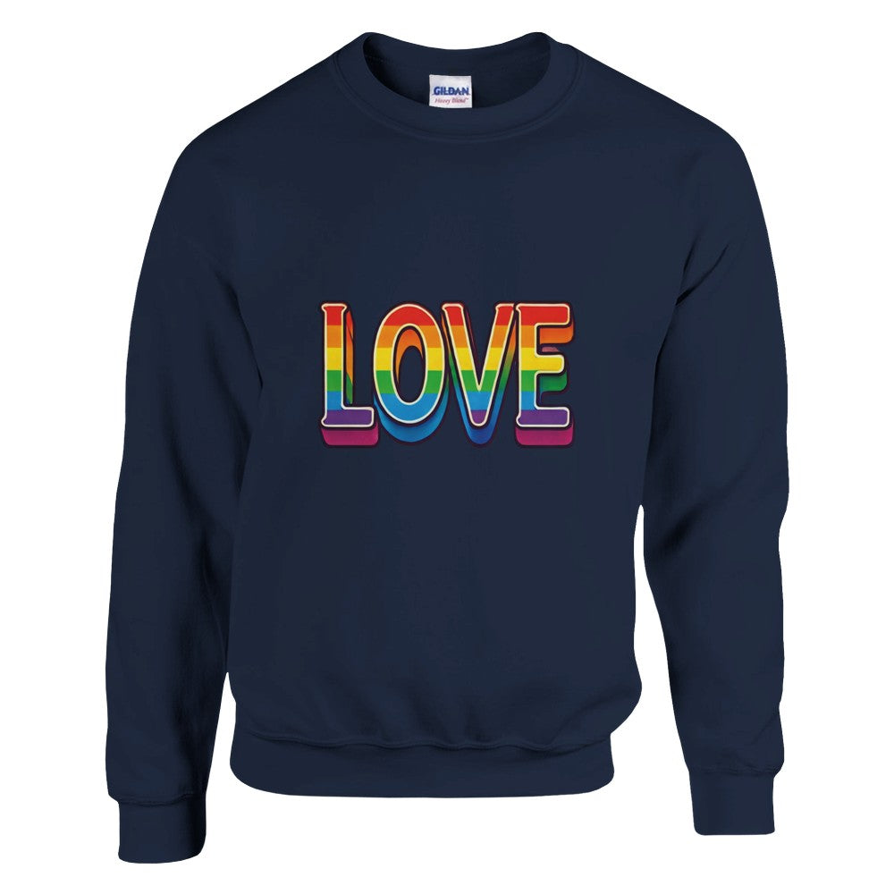 A stylish sweatshirt featuring the word ‘love’ displayed in vibrant rainbow letters. Available in a range of colours.