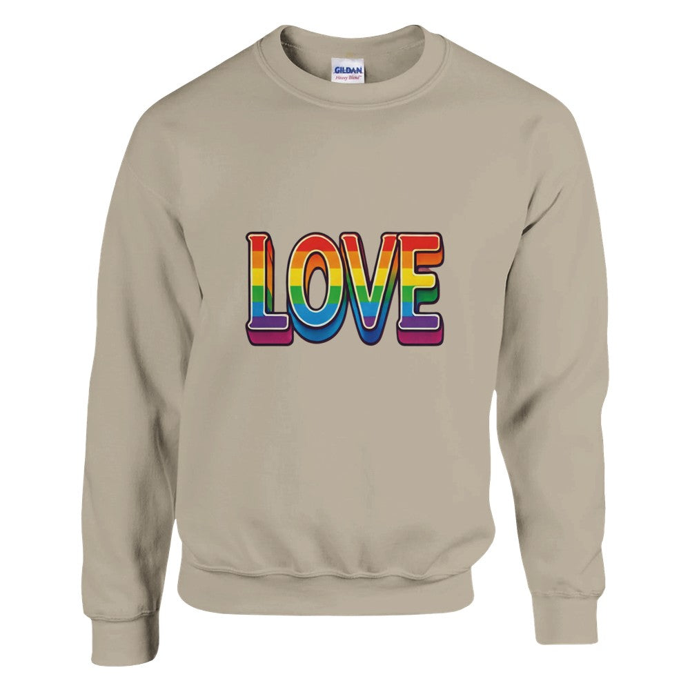 A stylish sweatshirt featuring the word ‘love’ displayed in vibrant rainbow letters. Available in a range of colours.