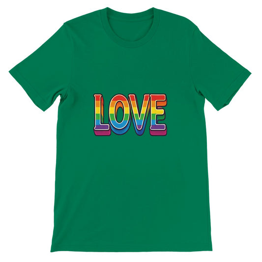 T-shirt adorned with the word ‘love’ in cheerful rainbow colours. Available in a range of colours.