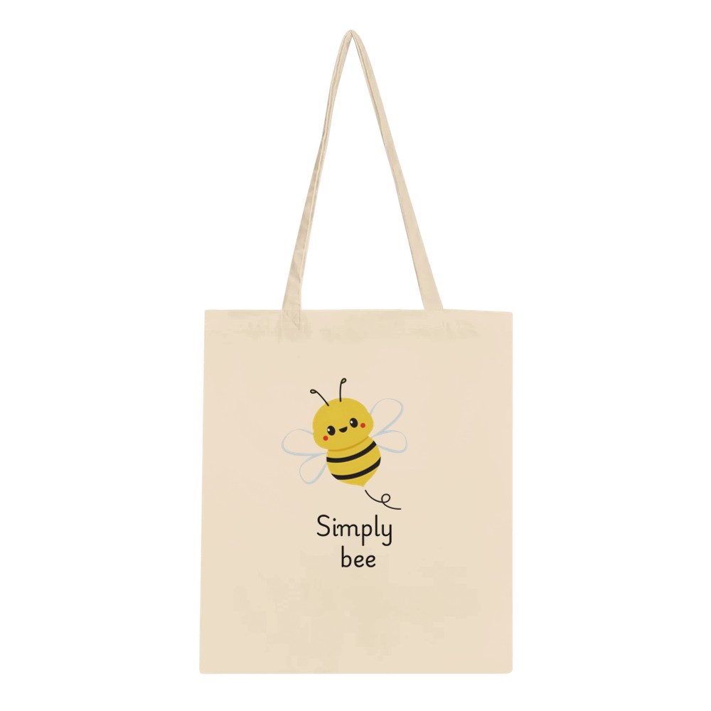 A chic tote bag adorned with a cheerful bee illustration, and the words ‘simply bee’. Ideal for stylishly transporting your belongings.