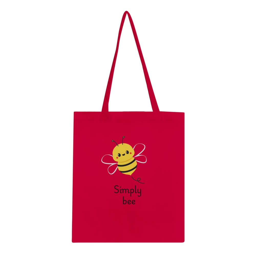 A chic tote bag adorned with a cheerful bee illustration, and the words ‘simply bee’. Ideal for stylishly transporting your belongings.