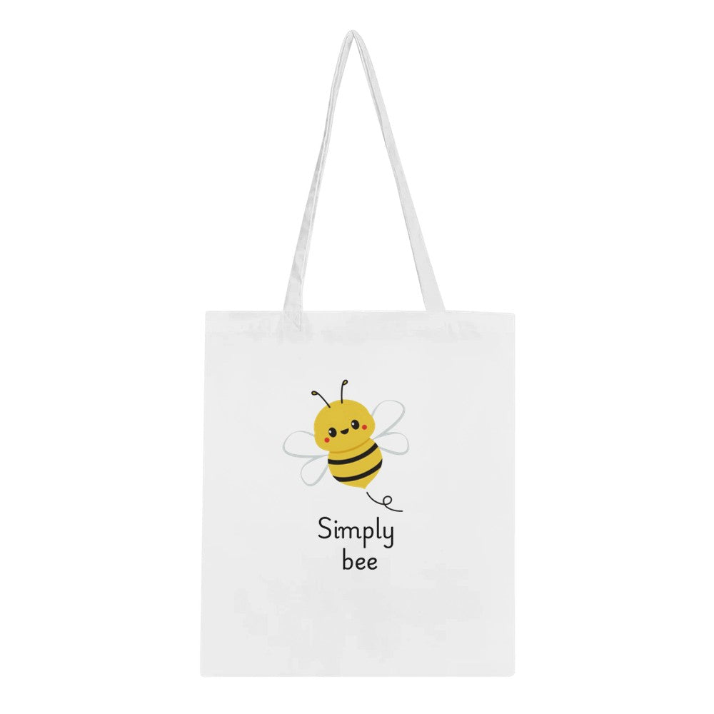 A chic tote bag adorned with a cheerful bee illustration, and the words ‘simply bee’. Ideal for stylishly transporting your belongings.