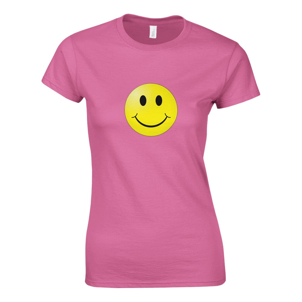 A stylish women’s fitted t-shirt adorned with a bright smiley face, bringing joy and positivity to your wardrobe. Available in a range of colours.