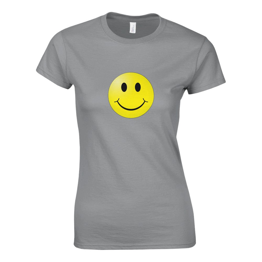 A stylish women’s fitted t-shirt adorned with a bright smiley face, bringing joy and positivity to your wardrobe. Available in a range of colours.