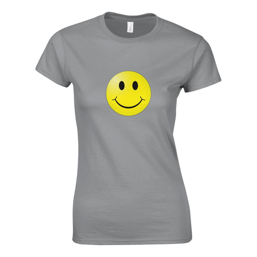 A stylish women’s fitted t-shirt adorned with a bright smiley face, bringing joy and positivity to your wardrobe. Available in a range of colours.