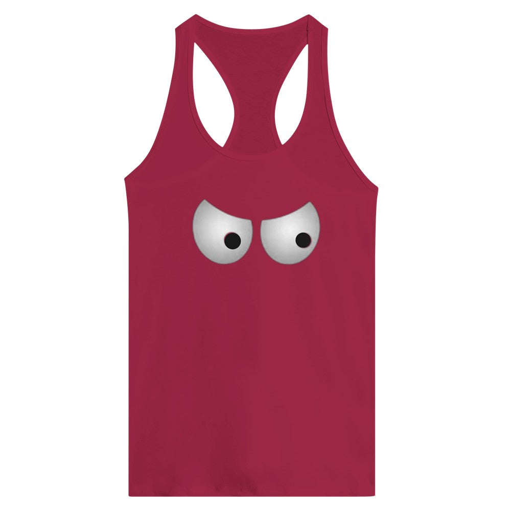 A stylish racerback tank top  adorned with a unique eye graphic, adding an intriguing touch to your outfit. Available in a range of colours.