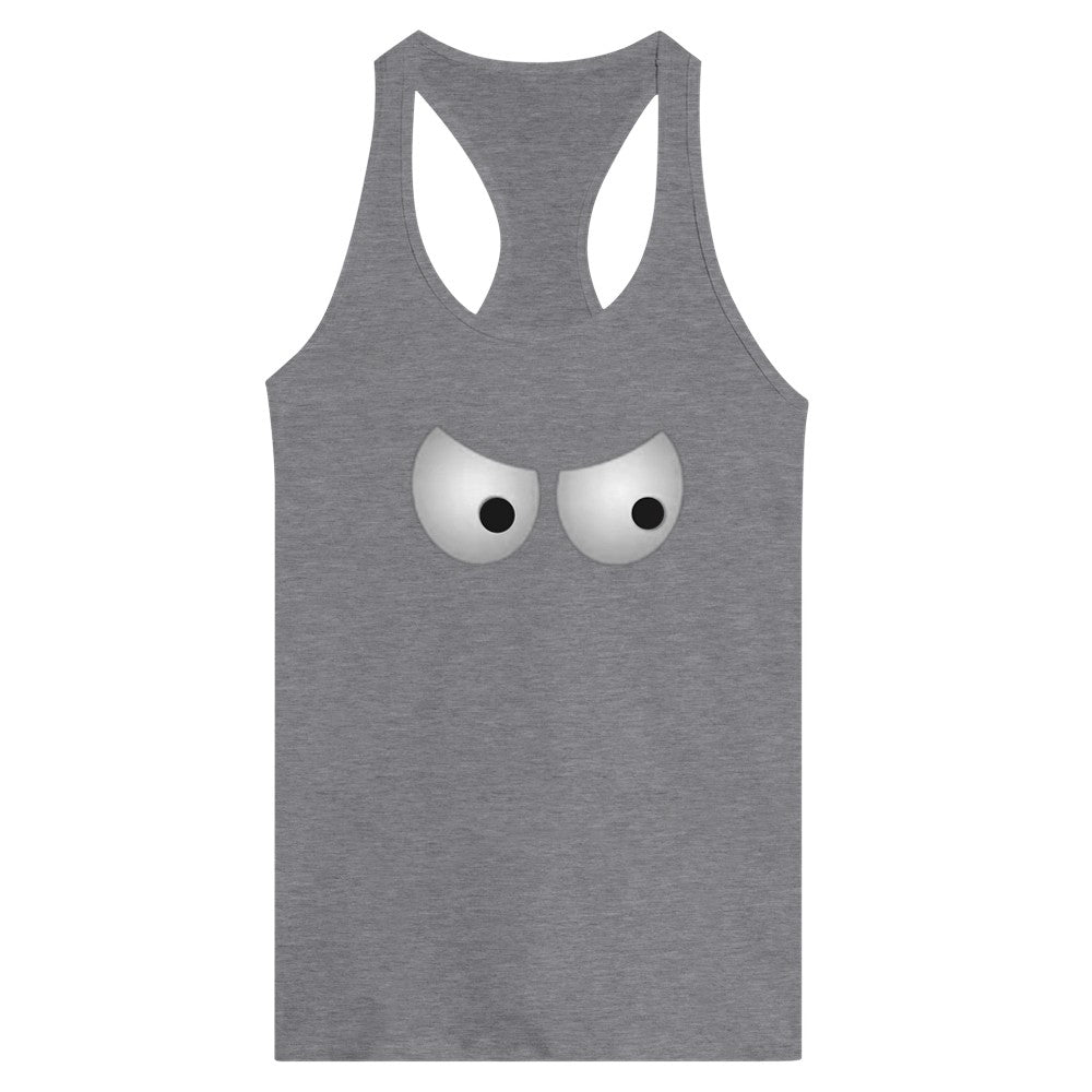 A stylish racerback tank top  adorned with a unique eye graphic, adding an intriguing touch to your outfit. Available in a range of colours.