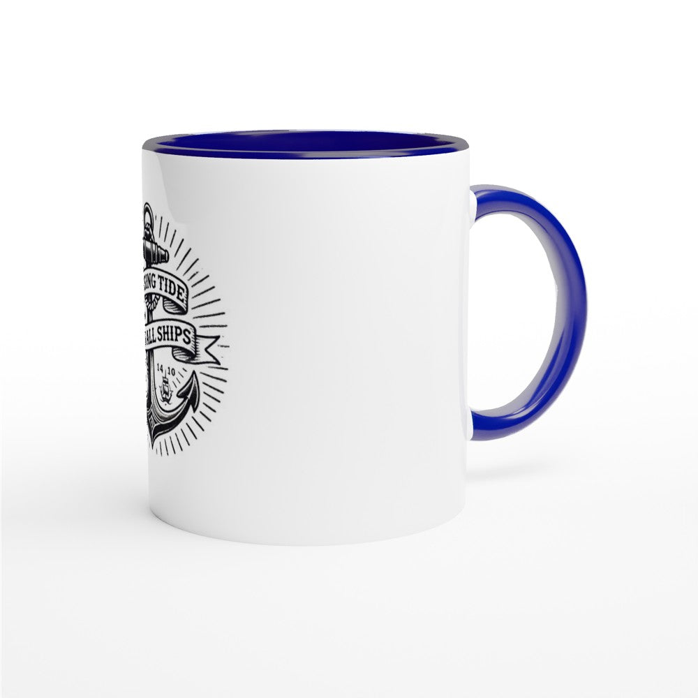 A stylish 11oz ceramic mug featuring a ship’s anchor and the words ‘a rising tide lifts all ships.’ Designed in the style of an old-school tattoo. White with a coloured inside and handle. Available in a range of colours.
