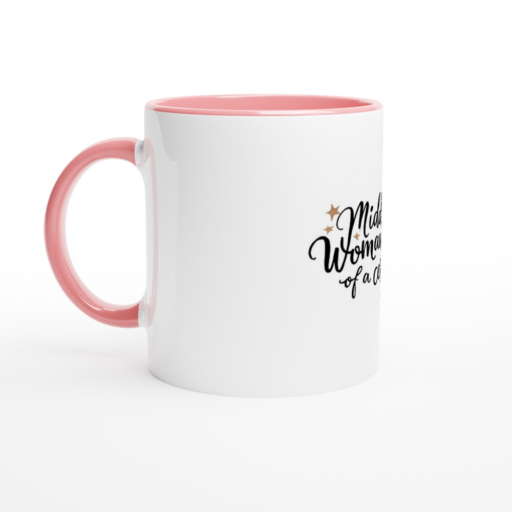 A stylish 11oz ceramic mug featuring the words ‘middle class woman of a certain age,’ white with a coloured inside and handle. Available in a range of colours.